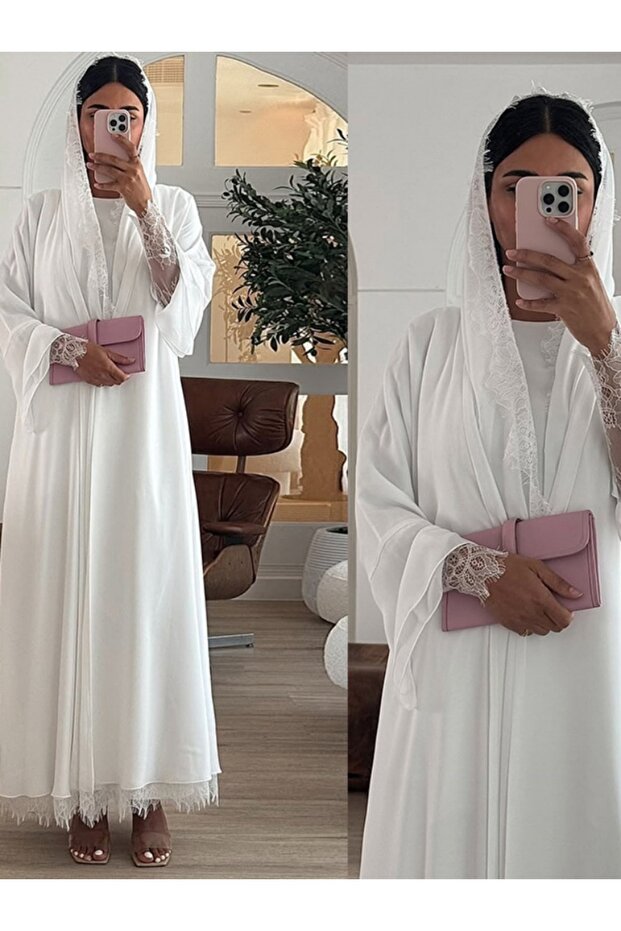 Chiffon and Lace Patchwork Front Opening Abaya with Headscarf