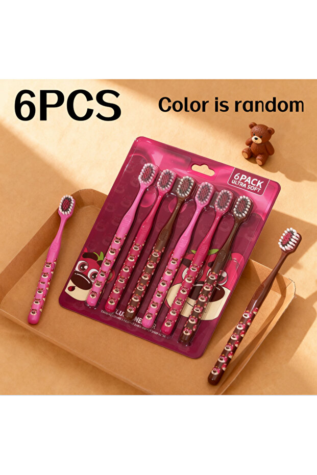6Pcs 6-Piece Set of Cherry Bear-Shaped Soft Bristle Toothbrushes for Adults, Manual Toothbrushes Tha