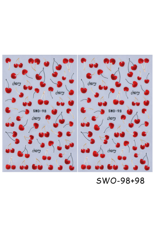 SWO-98-2pcs 2pcs Red Cherry Nail Stickers Cartoon Tropical Cherry Fruit Design DIY Summer Cute Self-