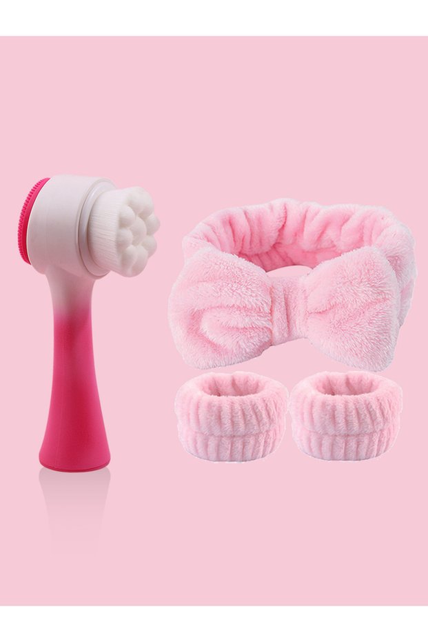 Rose red Silicone Facial Cleansing Brush Massage Care Face Brush & Spa Headband and Wristband Set Sk
