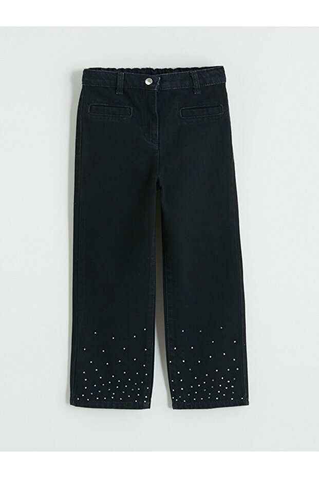 Black Straight Fit Girls' Stoned Jean Pants