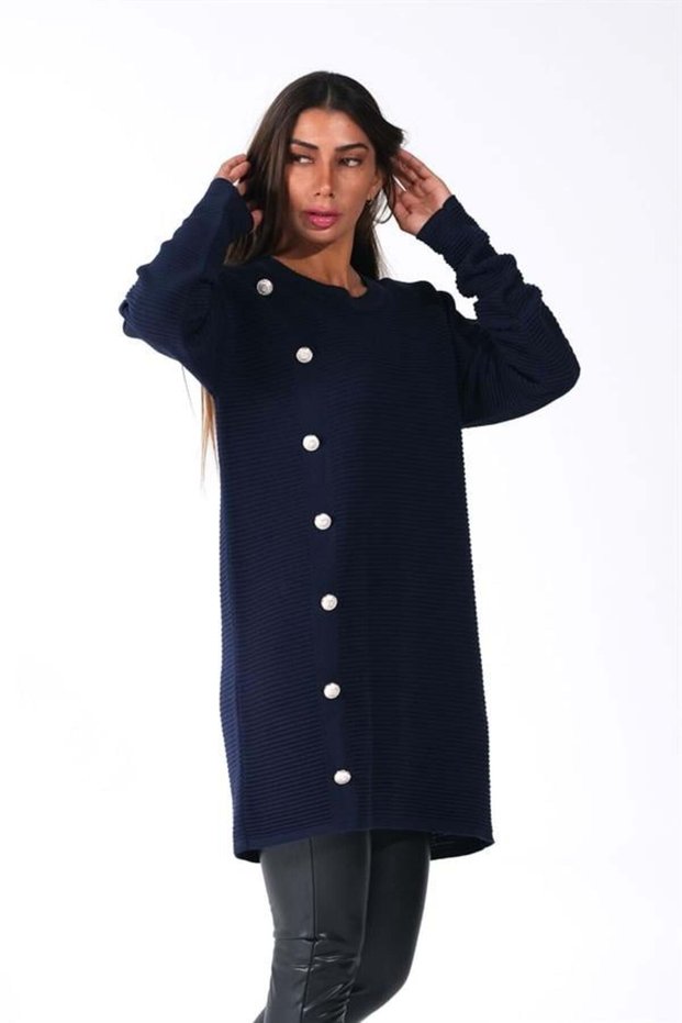 Navy Blue Crew Neck Ribbed Button Detailed Knitwear Sweater