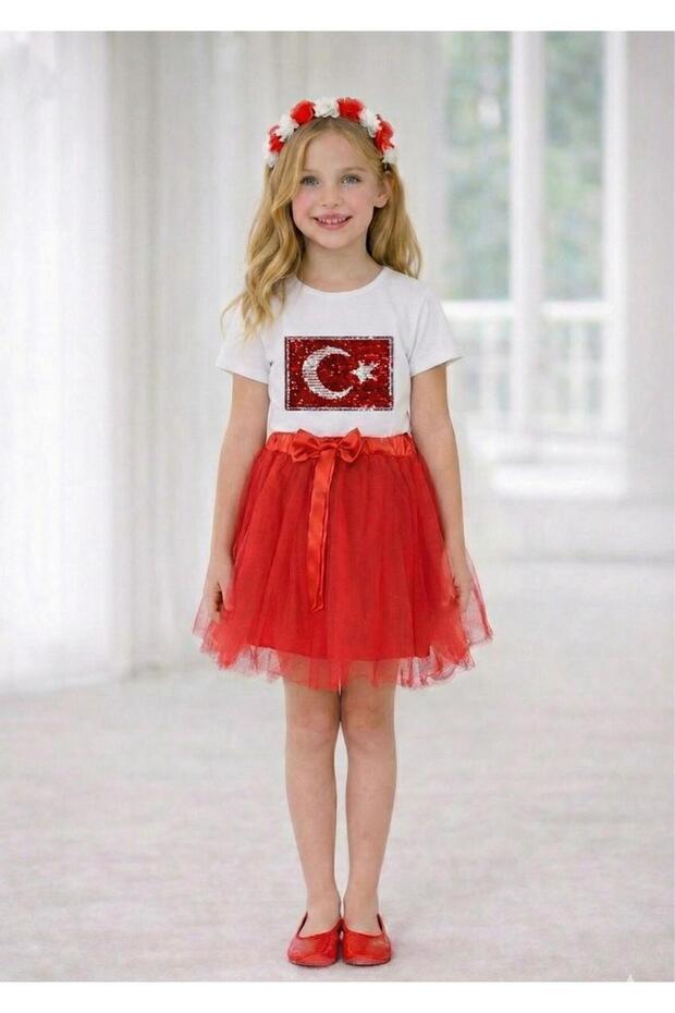 Girl's Star and Crescent Sequined Flag Patterned Performance Costume for April 23Rd and Special Holidays