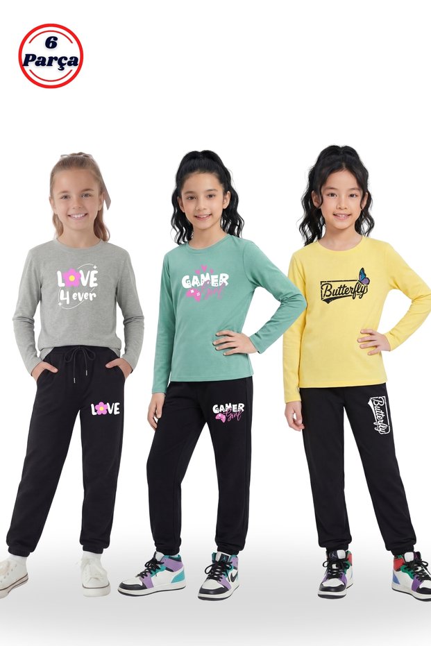 3-Piece Round Neck Sweatshirt Black Tracksuit with Print Detail 6-Piece Girls' Top and Bottom Set