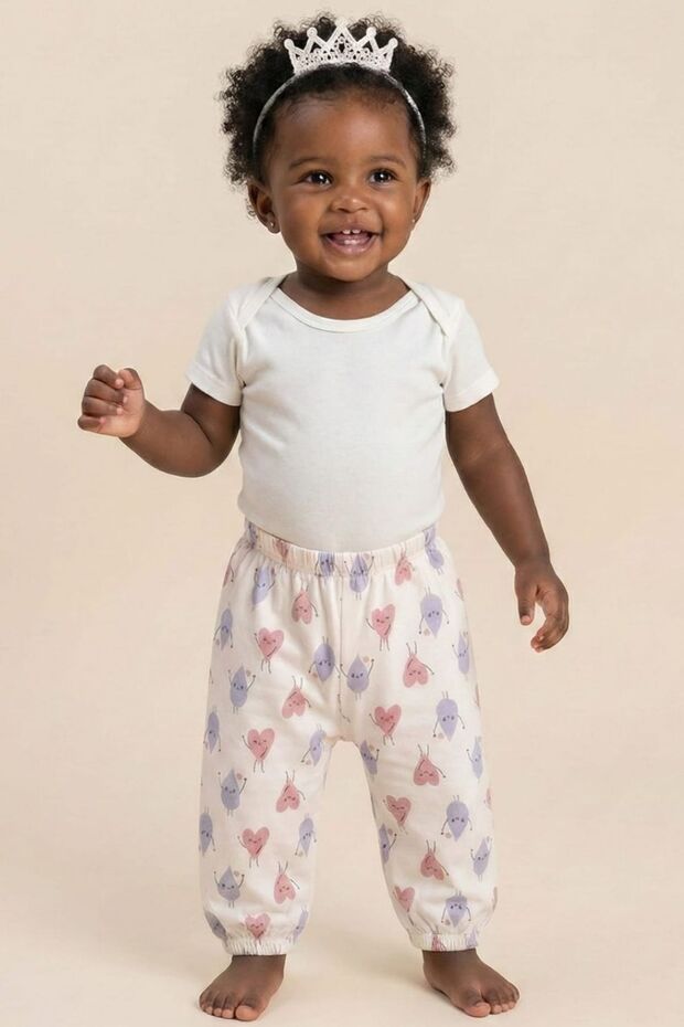 100% Cotton Elastic Cuffed Patterned Baby Girl Sweatpants - Comfortable Fit Seasonal Trousers