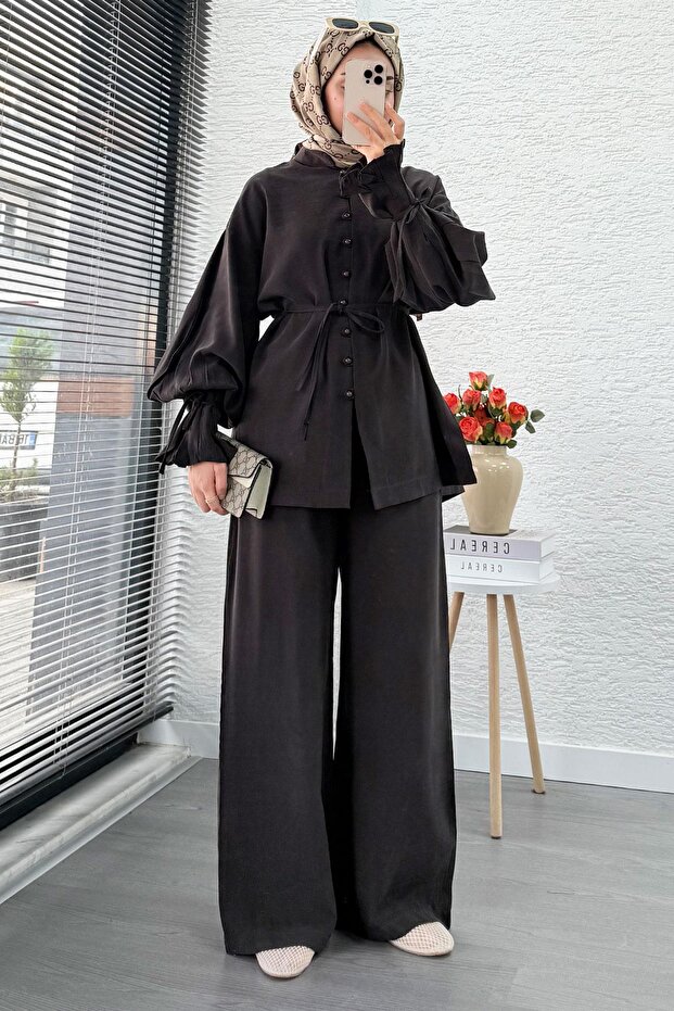 Pleated Sleeve Button-Front Women's Two-Piece Set - Bitter Coffee