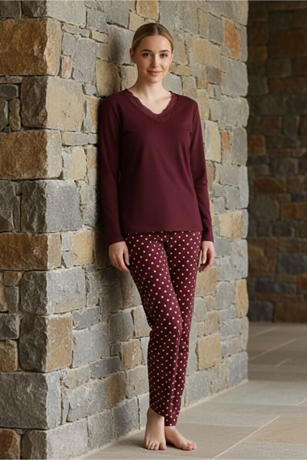 Women's Lace Detailed V-Neck Burgundy Pajama Set