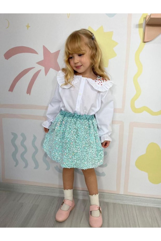 Water Green Sequined Skirt & Embroidered Blouse Children's Set