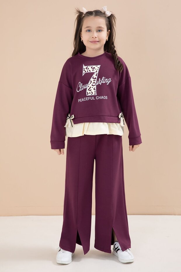 Burgundy Slit Pants with Bow and Lettered Badge Girls' 2-Piece Set 23597