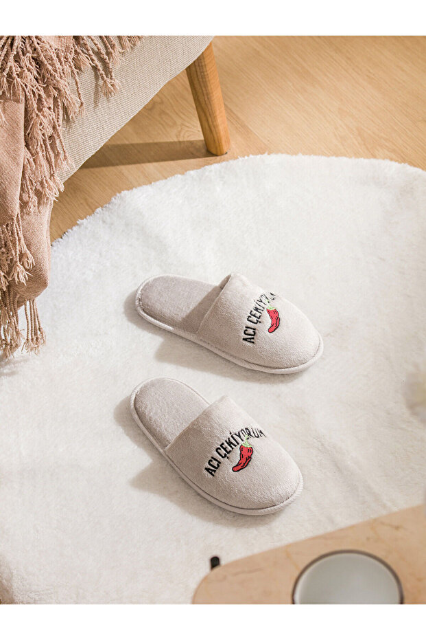 Lcw Steps Slogan Embroidered Plush Women's House Slippers