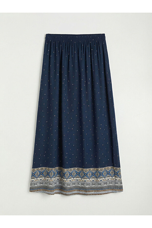 Navy Blue Patterned Belmando Flared Skirt with Elastic Waistband