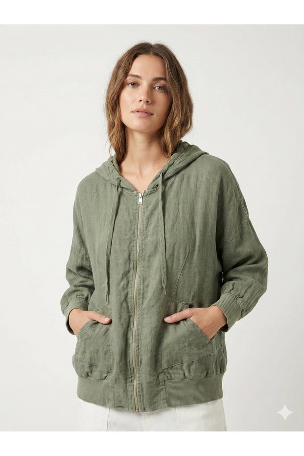 Women's Khaki Italian Zippered Hooded Low Sleeve Oversize Linen Blouse