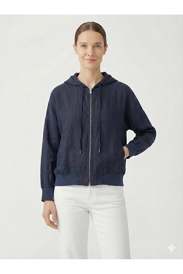 Women's Navy Blue Italian Zippered Hooded Low Sleeve Oversize Linen Blouse