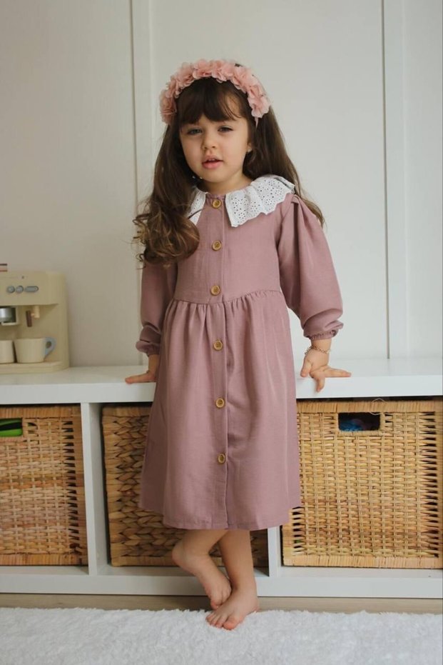 Girl's Scalloped Dress with Lace Baby Collar Detail, Stylish and Comfortable Dress-J3024-J071
