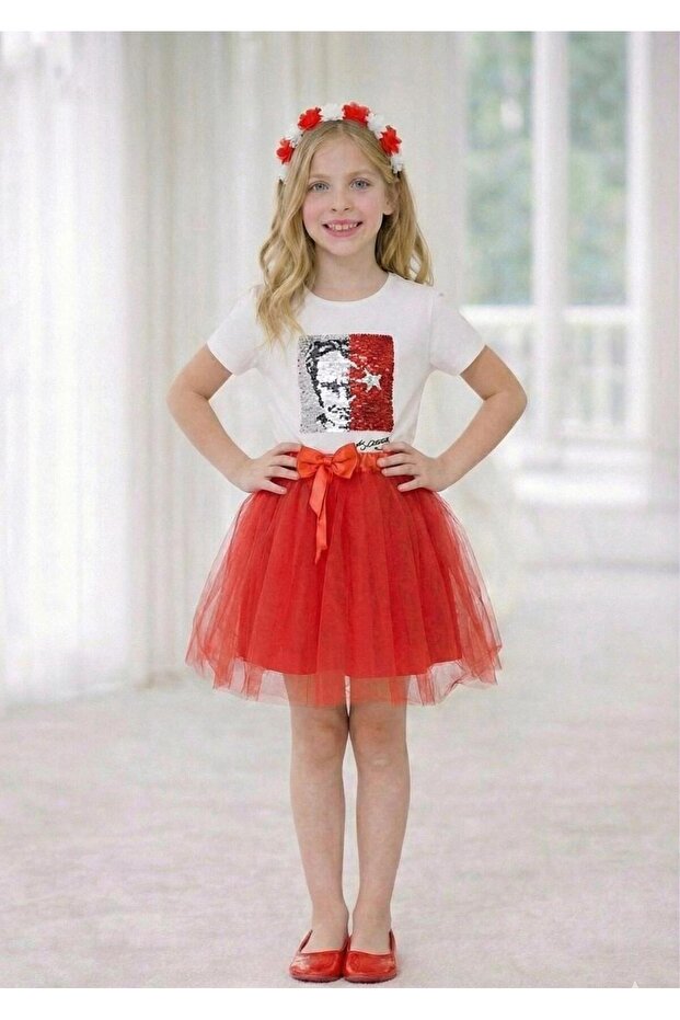 Girl's Performance Costume with Crescent and Star and Ataturk Flag Pattern, April 23Rd and Special Holidays