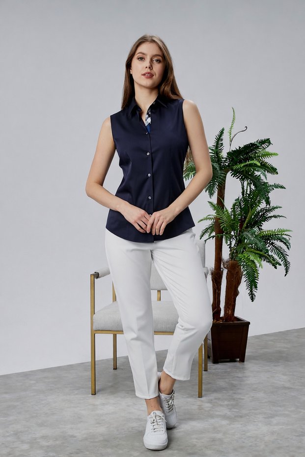 Navy Blue Cotton Satin Navy Blue Brbry Fabric Detailed Zero Sleeve Slim Fit Women's Shirt