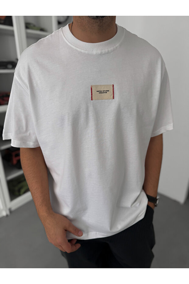 Beyaz Hasır Patchli Oversize T-Shirt C-023 - 4