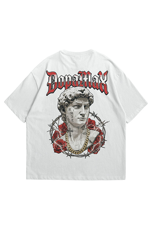 Unisex White Oversize T-Shirt - Dopamax David Rose Printed 100% Cotton Crew Neck T-Shirt