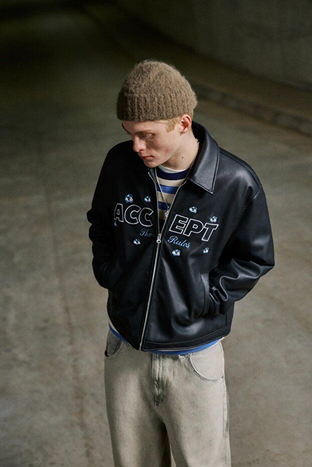 Çiçekli suni deri ceket - 1