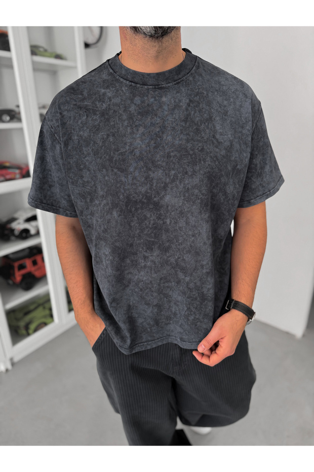 Siyah Yıkamalı Basic Oversize T-Shirt C-099 - 3