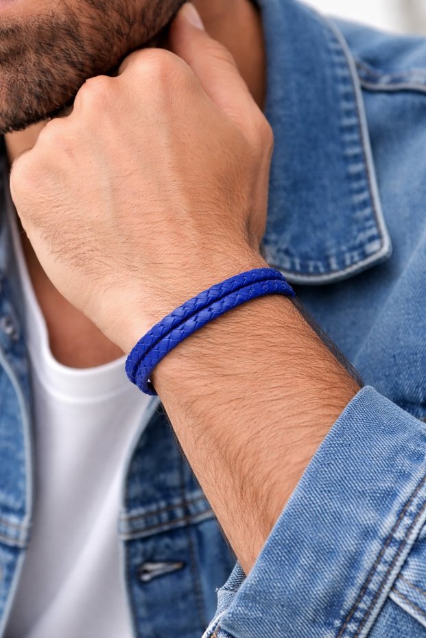 Navy Blue Genuine Leather Braided Men's Bracelet – with Magnetic Clasp