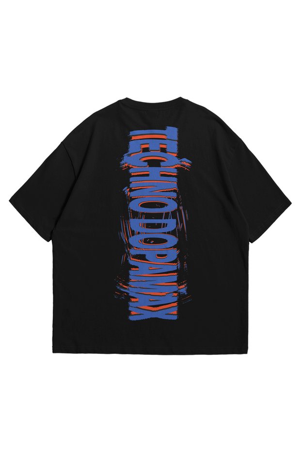 Unisex Black Oversize T-Shirt - Dopamax Techno Printed 100% Cotton Crew Neck Streetwear T-Shirt