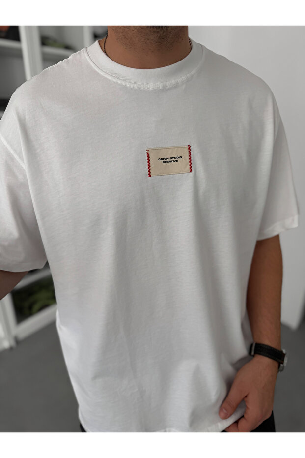Beyaz Hasır Patchli Oversize T-Shirt C-023 - 6