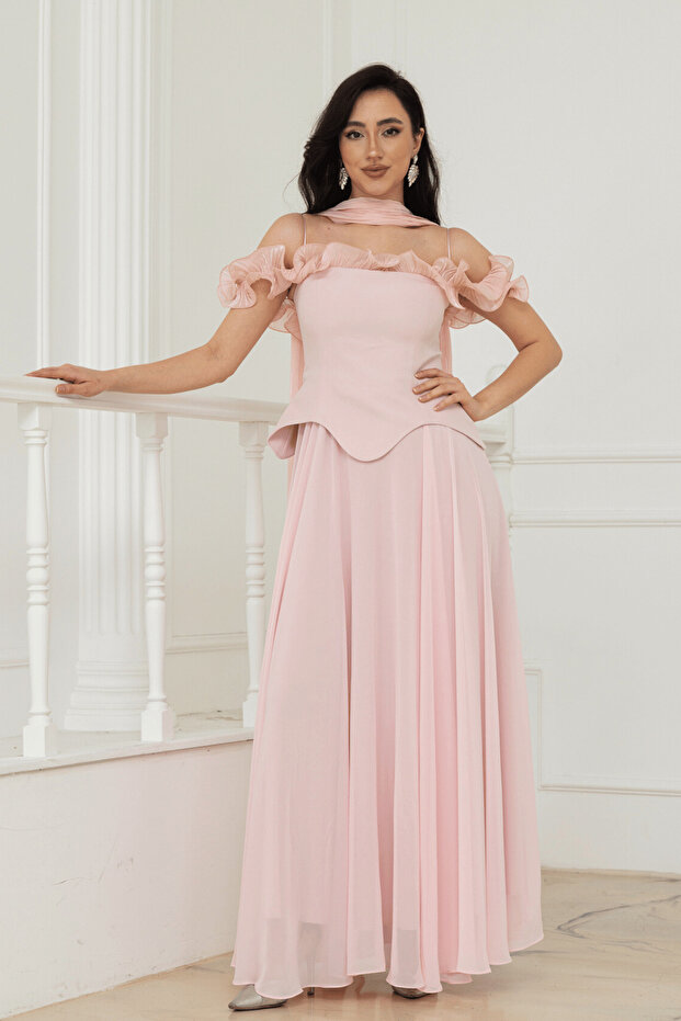 Üst Atlas Alt Chiffon Shawl Detailed Long Dress - Pudra