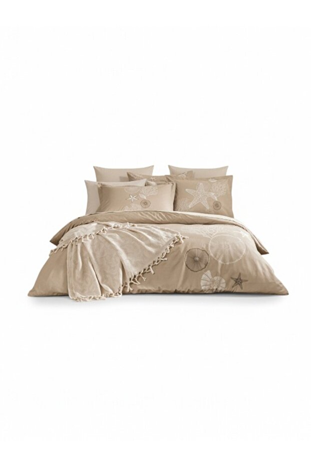 Ranforce Beige Corallino Double Duvet Cover Set with 100% Cotton Fitted Sheets