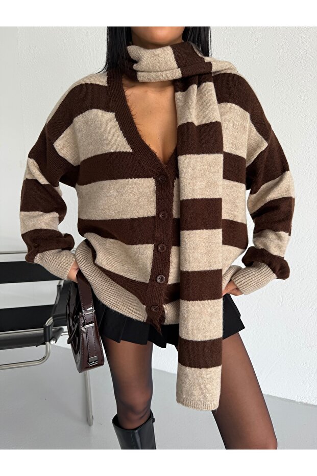Striped Cardigan Scarf Combination Soft Knitwear