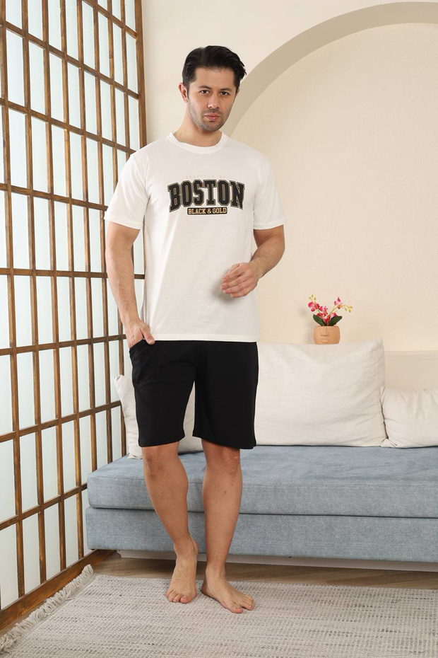 100% Cotton Short-Sleeve Pocketed Men's Shorts Pajama Set 2015