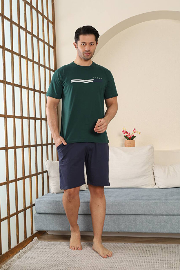 100% Cotton Short-Sleeve Pocketed Men's Shorts Pajama Set 2015