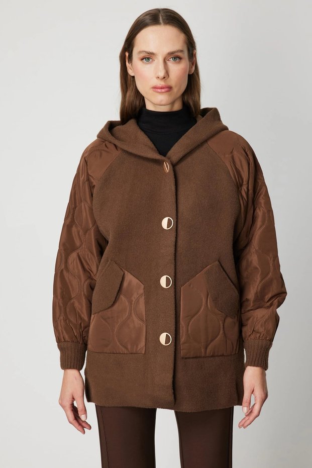 Women's Brown Coat with Quilted Sleeves and Buttoned Hood 60935