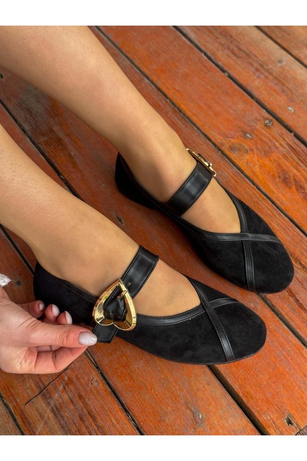 Black Suede (Love) Heart Buckle Detail Women's Ballerinas