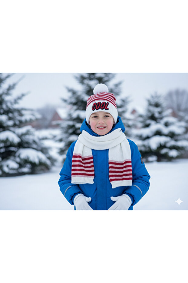 White-Red Color Winter Triple Beret Set Hat Gloves Scarf Set 6-10 Years Old