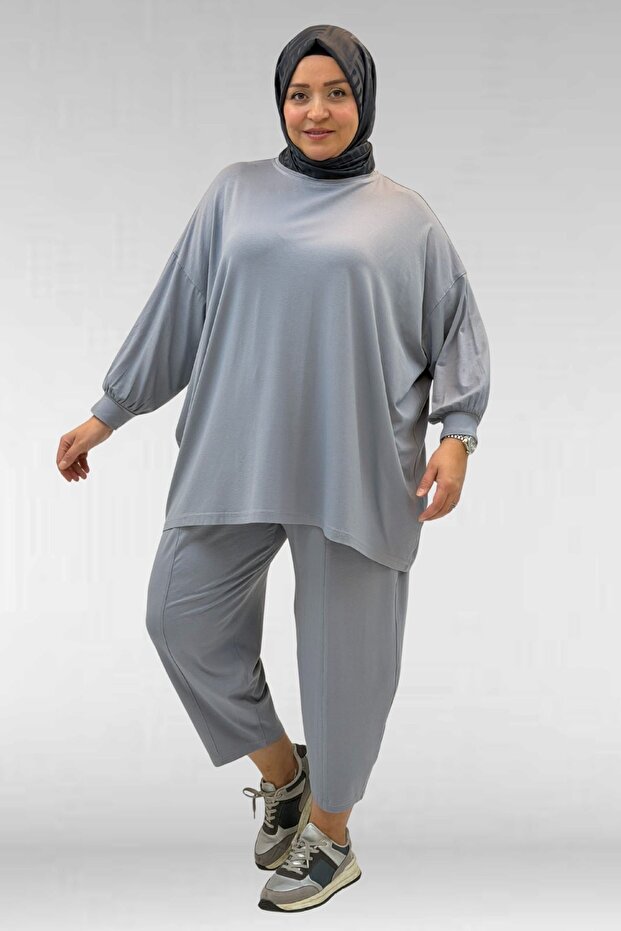 67037 Plus Size Low Sleeve Combed Cotton Trouser Suit - Gray