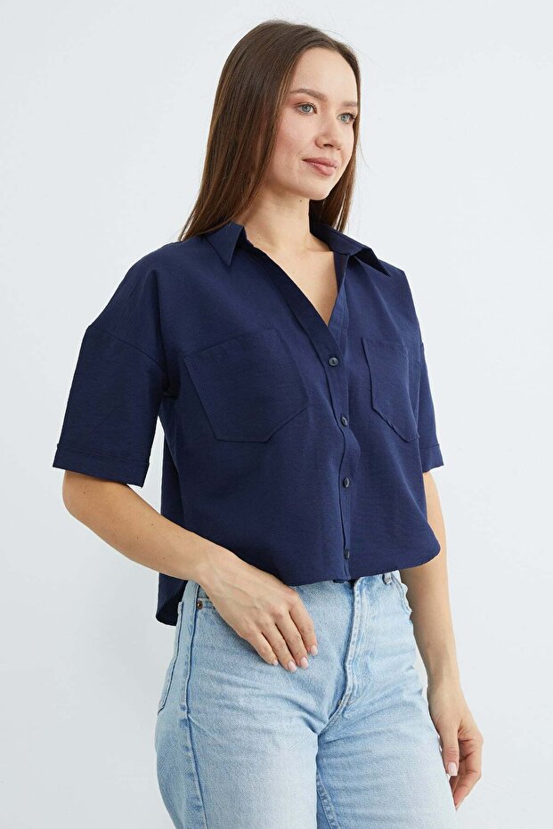 Çift Cepli Oversize Crop Gömlek - 3