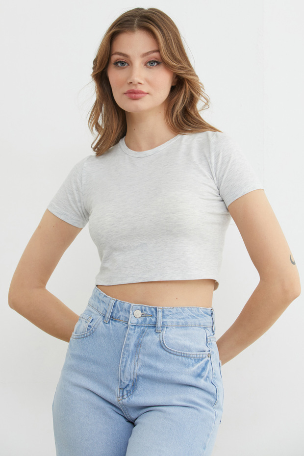 Basic Bisiklet Yaka Crop Tişört - 4