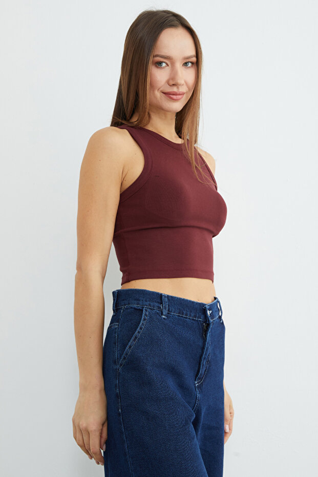 Basic Halter Yaka Kaplı Crop Body - 7