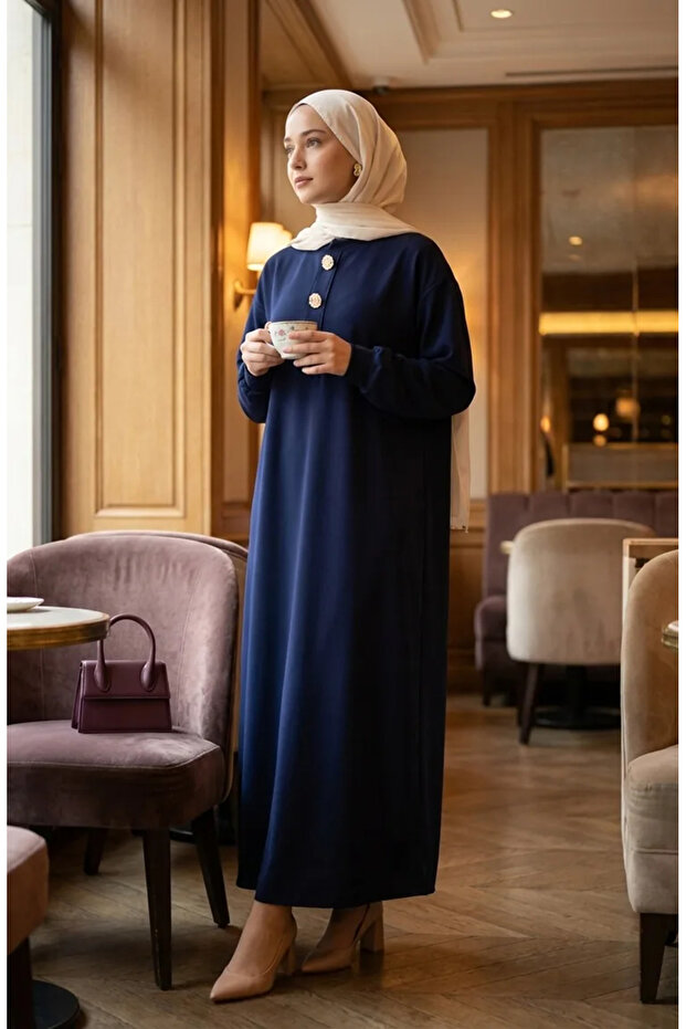 Button Detailed Hijab Dress 2193-05 Navy Blue