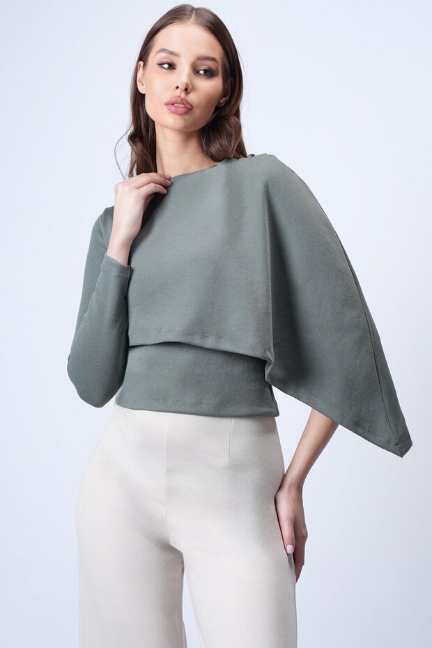 Khaki Single Sleeve Fixed Shawl Design Knitted Crop Blouse Alc-X15041
