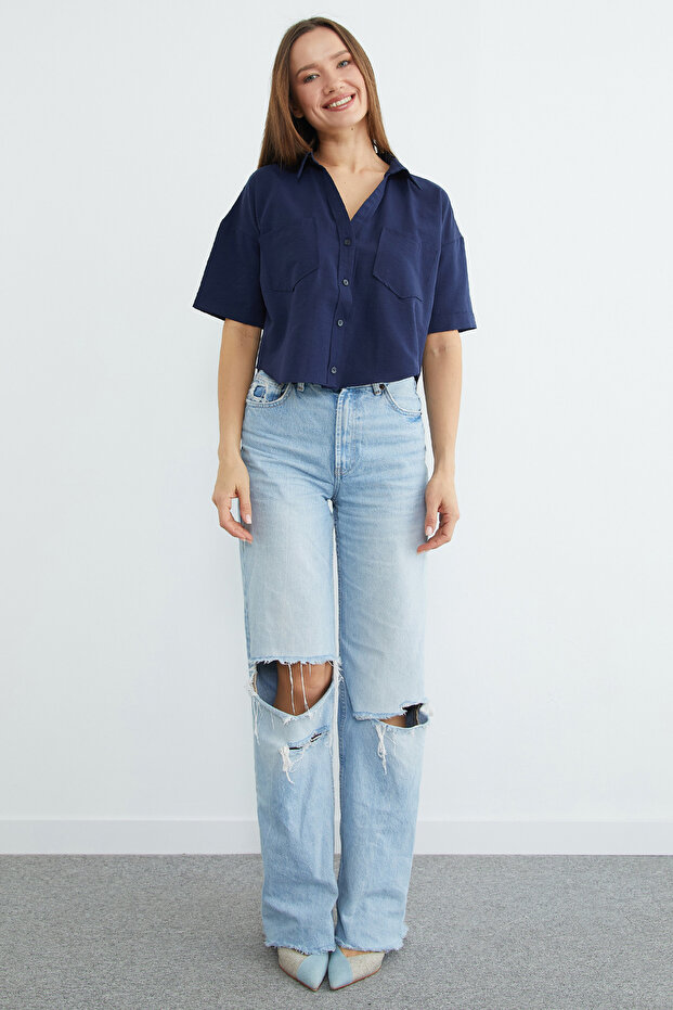 Çift Cepli Oversize Crop Gömlek - 6