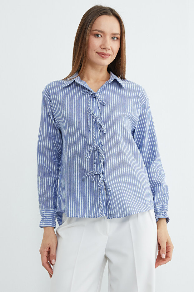 Striped Shirt with Tie Detail on Front and Sleeves