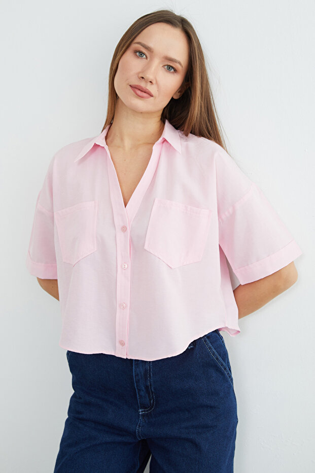 Çift Cepli Oversize Crop Gömlek - 5