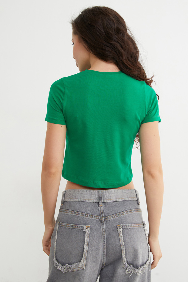 Basic Bisiklet Yaka Crop Tişört - 4