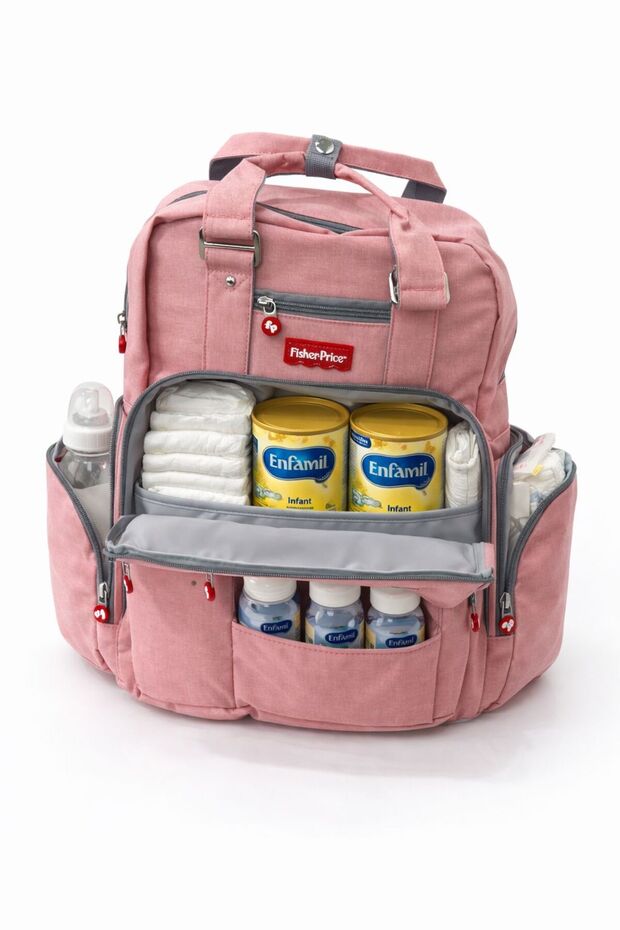A multi-functional layered baby diaper backpack with thermal pockets, stain-resistant and durable.