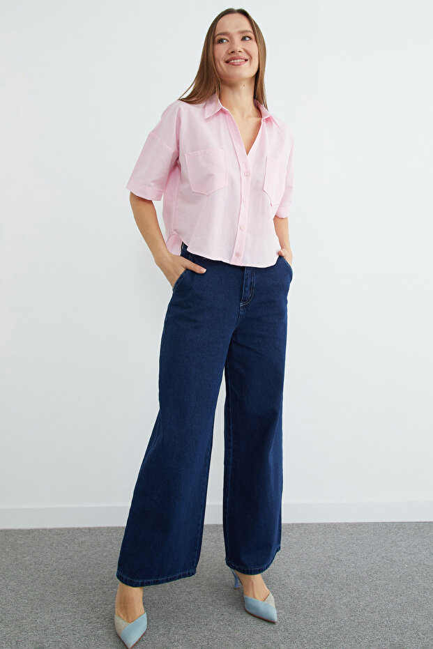 Çift Cepli Oversize Crop Gömlek - 2