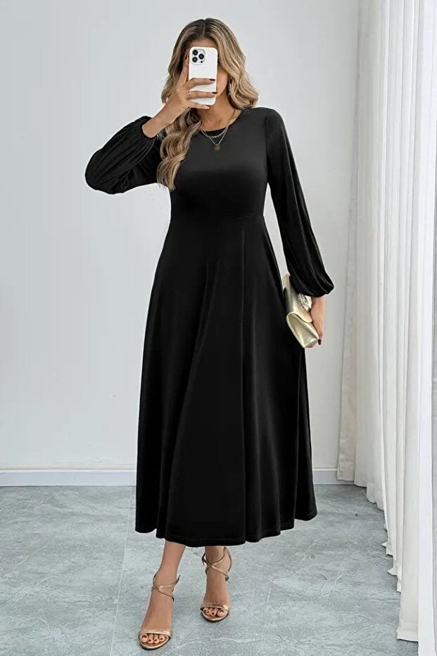 JANES Bisiklet Yaka Kadife Midi Elbise - 3