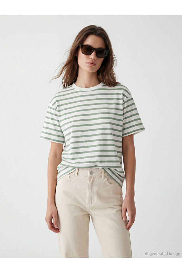Lcw Modest Green Striped 100% Cotton Women's T-Shirt