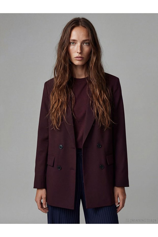 Alita City Farkıyla Xside Burgundy Plain Loose & Baggy Women's Blazer Jacket